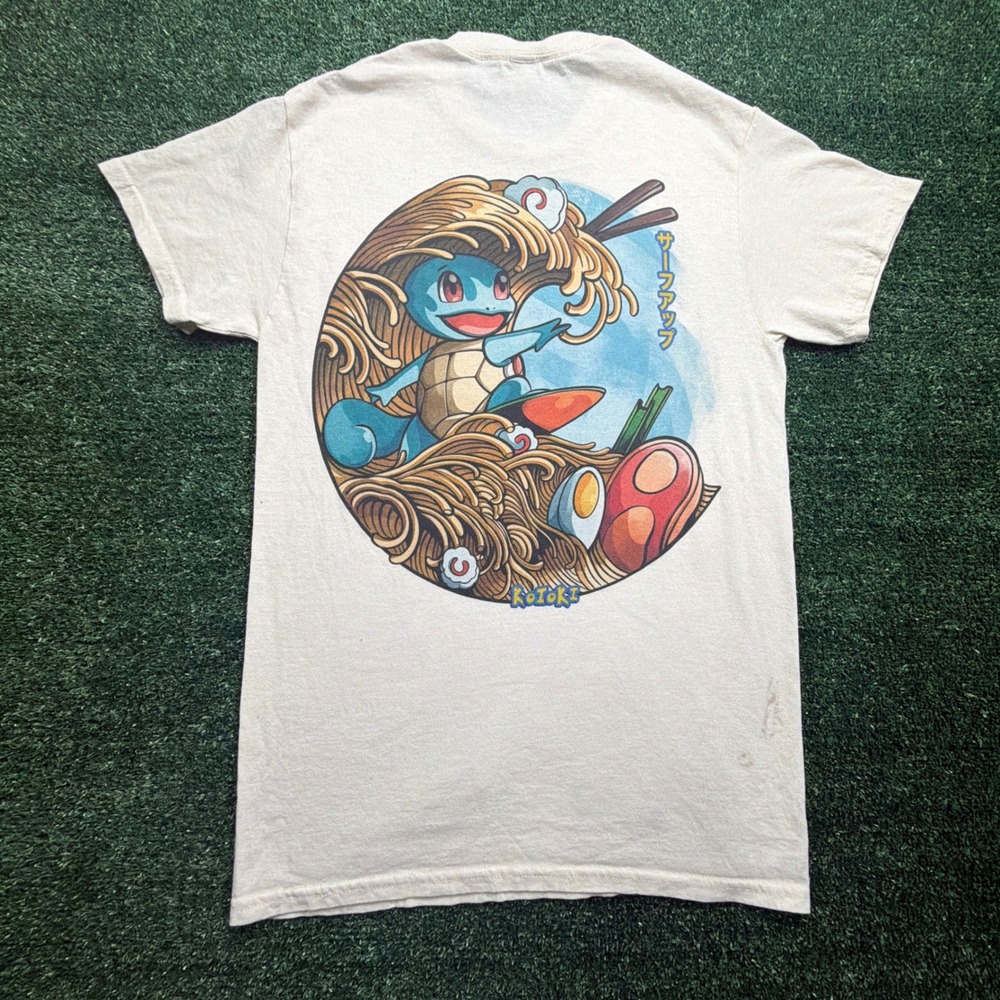 Pokemon Squirtle Ramen Surfing Graphic T-Shirt Mens Small Cream Vintage‎ Style